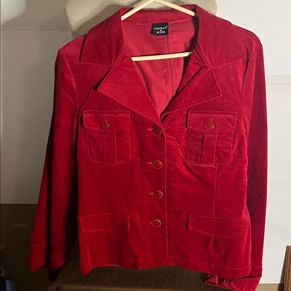 😄Tribal red crush velvet corduroy blazer jacket 12